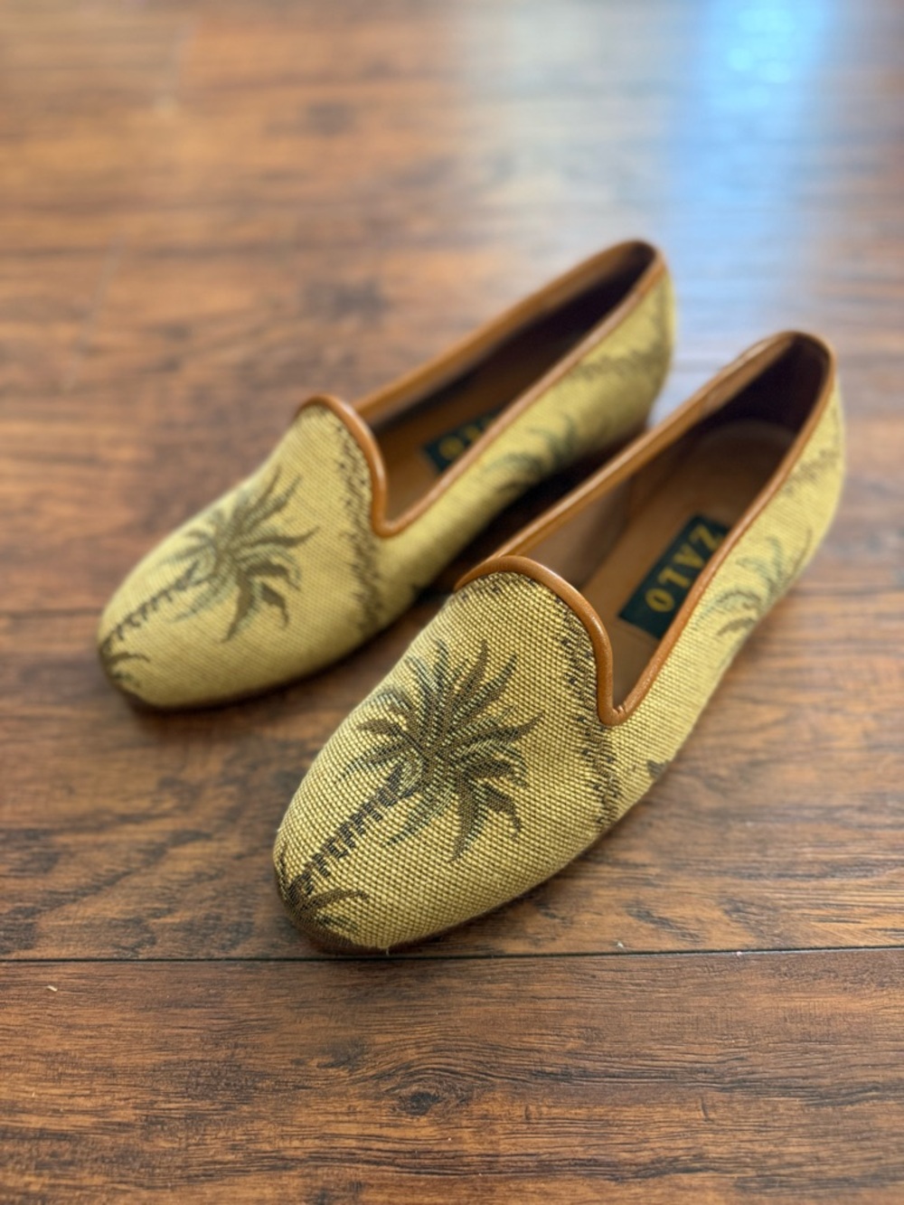 Zalo Ladies Smoking Flats Yellow Tapestry Palm Tree Print Loafers | Size 7
